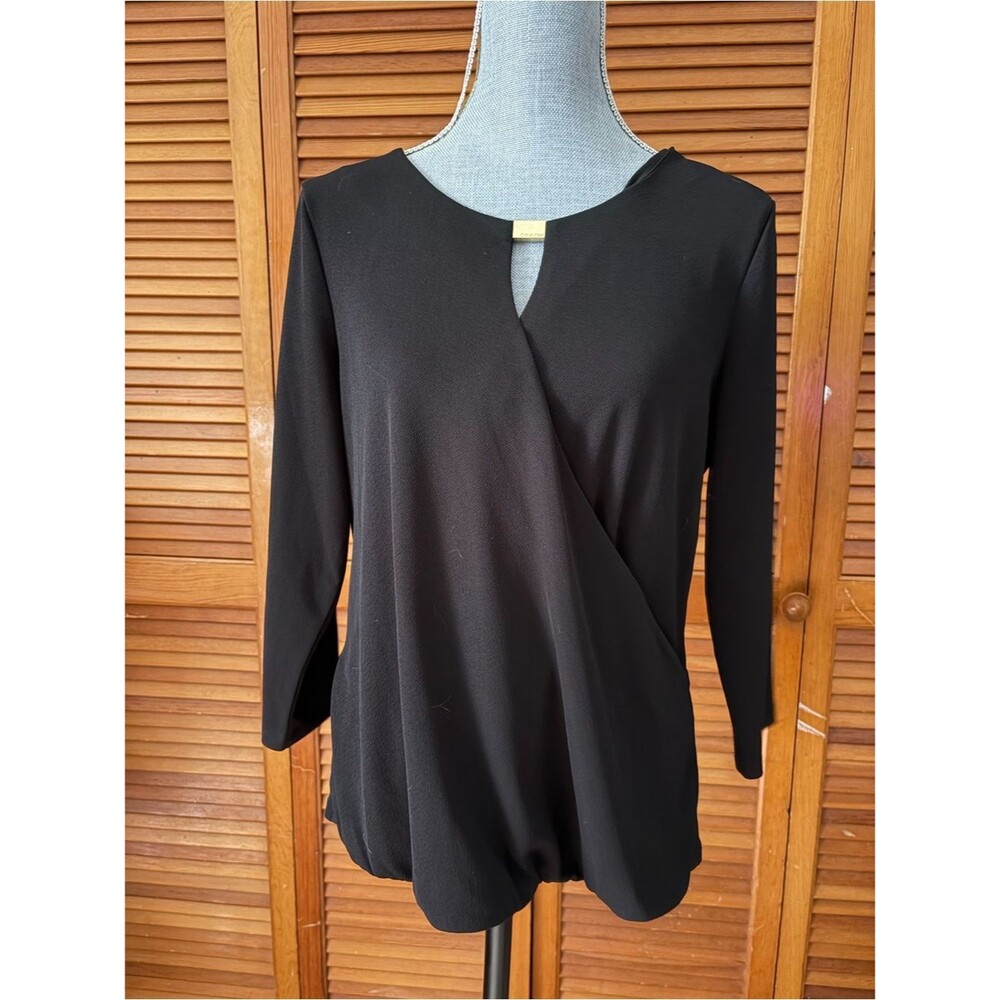 NWT Calvin Klein Black Wrap-Front Gold Metal 3/4 Sleeve Top